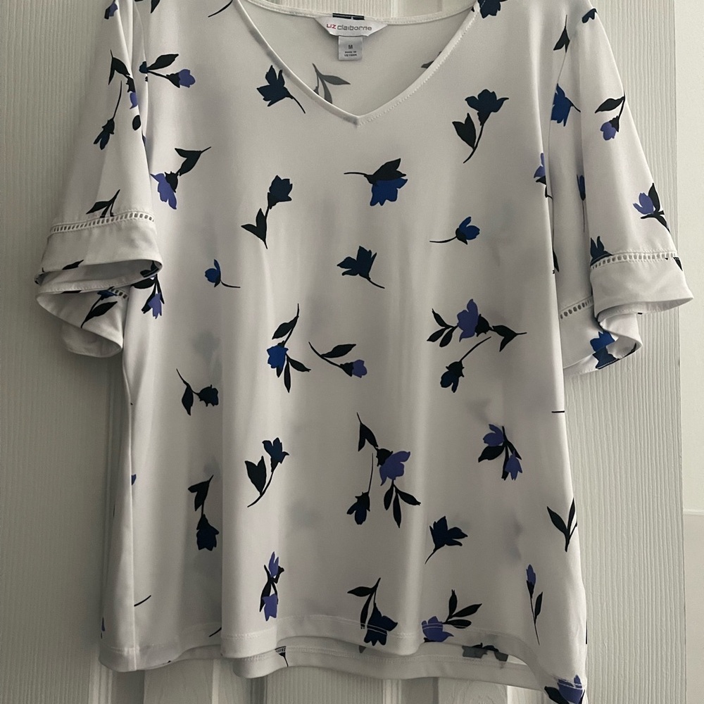 Liz Claiborne White Top with Blue Floral Design